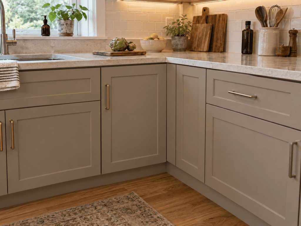 Closed blind corner cabinet in a warm greige Shaker kitchen