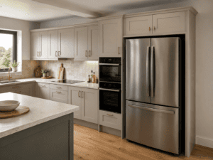 Shaker bridging kitchen press fitted above an American-style fridge in a modern Irish kitchen