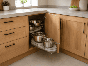 Oak corner kitchen press with pull-out shelves for pots and pans in a modern Irish kitchen.