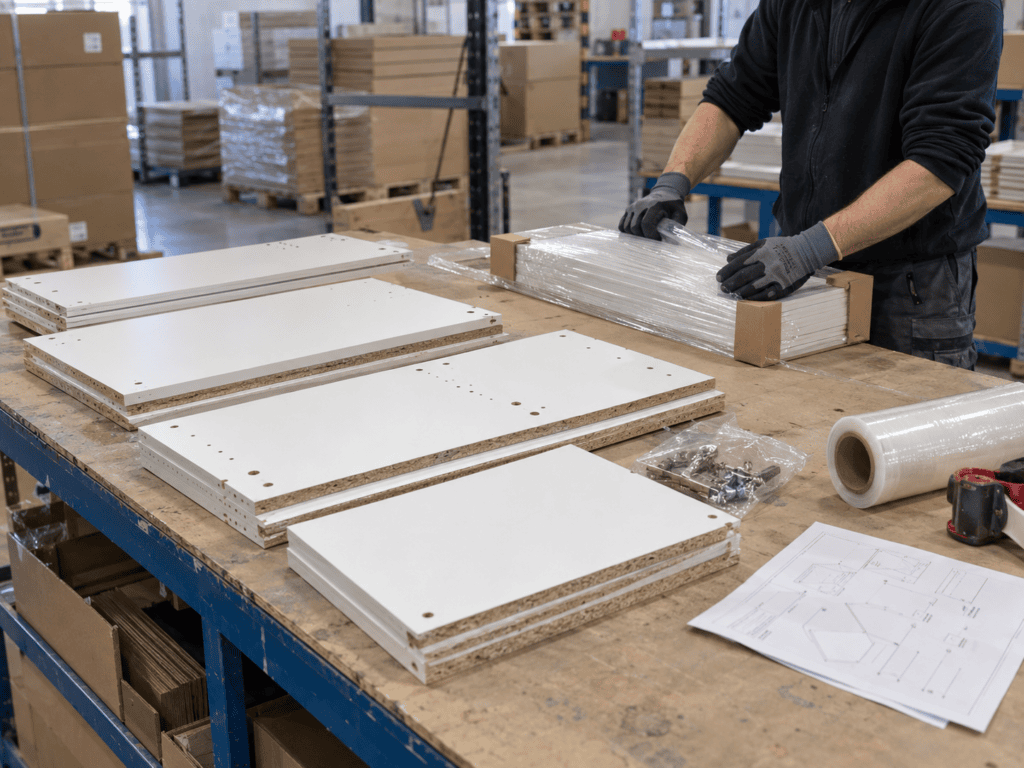 Worker packing white MFC panels and fittings for flat pack kitchen carcasses in a factory.