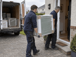 Two delivery workers carrying a wrapped sage green kitchen cabinet into a home, with more cabinets in the van outside.