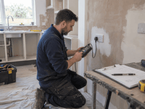 Electrician testing a wall socket during a kitchen renovation, with exposed cabinets and paperwork on a nearby workbench.