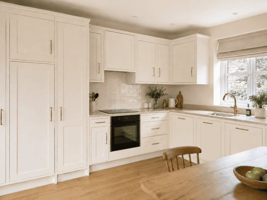 White Shaker kitchen presses with base, wall and tall units in a bright Irish kitchen