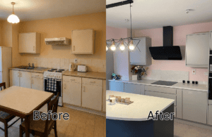Before and after view of a kitchen renovation in Sutton, Dublin, from a cream traditional kitchen to a two-tone light grey and graphite handleless fit-out