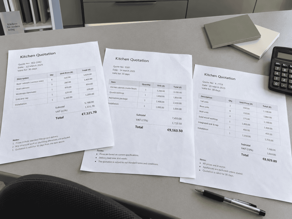 Three kitchen renovation quotes in euros laid out on a countertop beside cabinet samples, a calculator and a pen.
