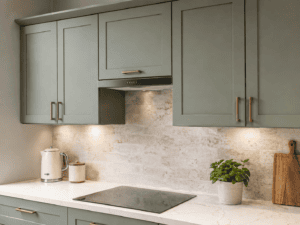 Sage green Shaker wall units fitted above a worktop and induction hob in an Irish kitchen