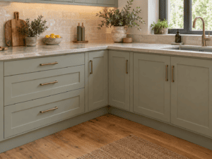 Closed L-shaped corner cabinet in a sage green Shaker kitchen