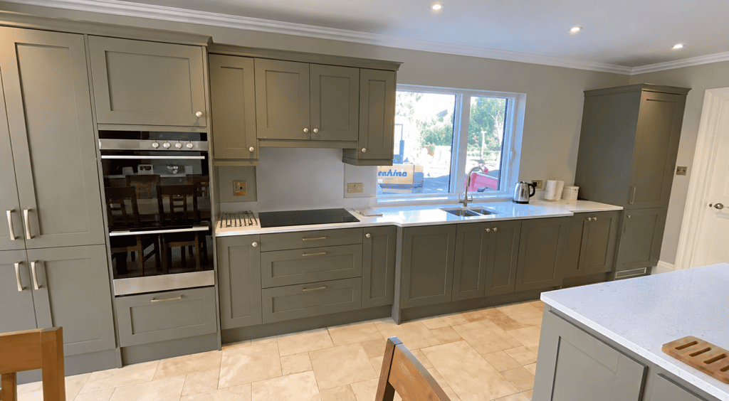 Reed Green Shaker One-Wall Kitchen with an Island in Castleknock, Dublin