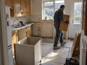 Worker carrying an old wooden cabinet door during a kitchen strip-out, with dismantled units and exposed pipework.