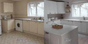 Before-and-after kitchen renovation in Clontarf, Dublin, transforming an outdated cream kitchen into a Porcelain Shaker kitchen with a central island.