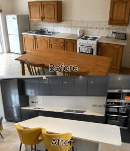 Before and after view of a kitchen renovation in Portmarnock, Dublin, from a honey-oak kitchen with a dining table to a gloss graphite handleless fit-out with island