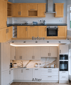 Before and after view of a kitchen renovation in Swords, Dublin, from honey-oak cabinetry to a two-tone White Grey shaker fit-out