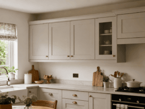 Off-white Shaker kitchen wall units finished with cornice and pelmet in an Irish kitchen