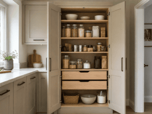 Open tall kitchen press with shelves and drawers used as larder storage in an Irish kitchen.
