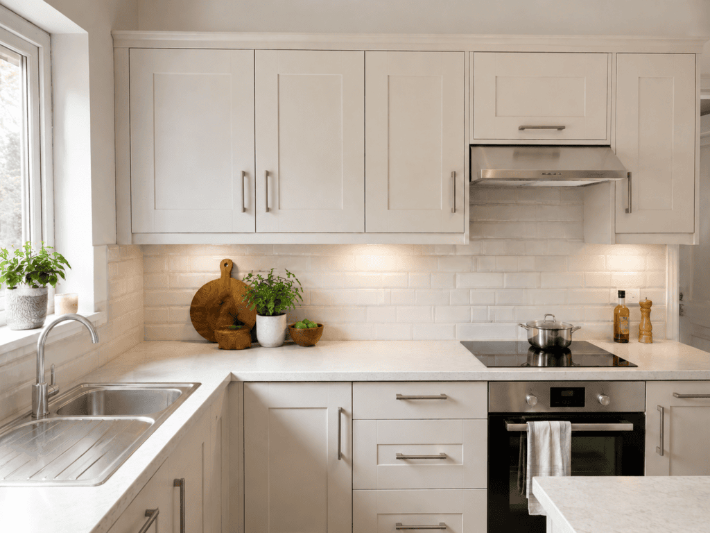 White Shaker kitchen wall units fitted above the worktop and extractor in a bright Irish kitchen