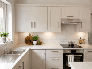 White Shaker kitchen wall units fitted above the worktop and extractor in a bright Irish kitchen