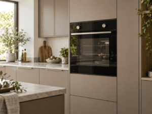 Black glass built-in oven fitted into a tall cabinet in a warm grey handleless Irish kitchen.
