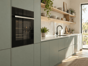 Black glass built-in oven fitted into a tall cabinet in a sage green handleless Irish kitchen.