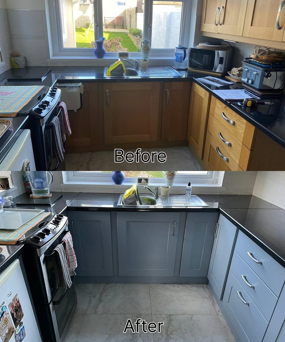 Before and after of a Clondalkin kitchen, from oak-effect doors to Denim blue-grey shaker doors on the same U-shaped layout