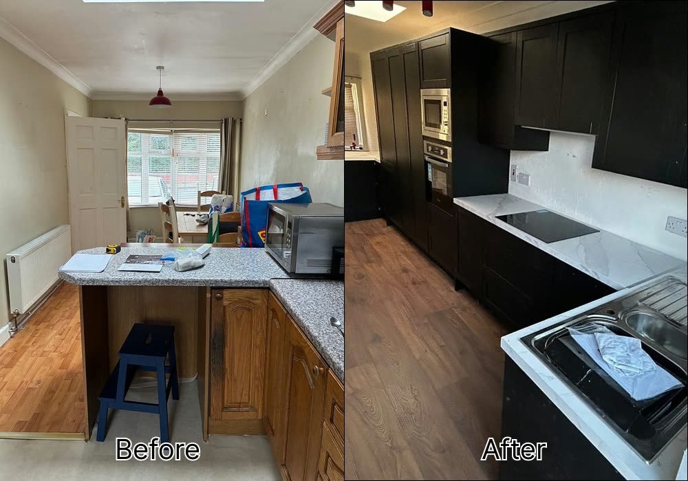 Before and after of a Dundrum kitchen: oak-effect arched doors and a granite-effect breakfast bar replaced by graphite shaker units and white quartz