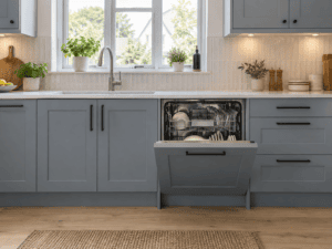 Open integrated dishwasher with a matching grey Shaker front, showing door and plinth clearance in an Irish kitchen.