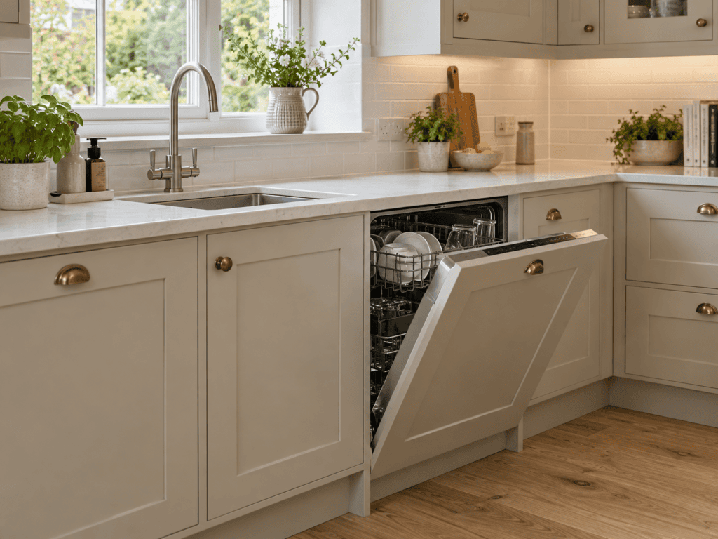 Open integrated dishwasher with a matching Shaker cabinet front fitted beside the sink in an Irish kitchen.