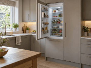 Open integrated fridge-freezer fitted into tall cabinets in a modern handleless Irish kitchen.