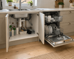 Open sink base cabinet beside a dishwasher in an Irish kitchen, showing accessible plumbing and sufficient clearance for both units.