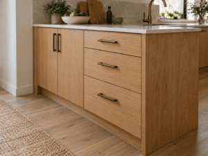 Oak kitchen cabinets showing a fitted filler strip beside the wall and a matching end panel on the exposed cabinet side.