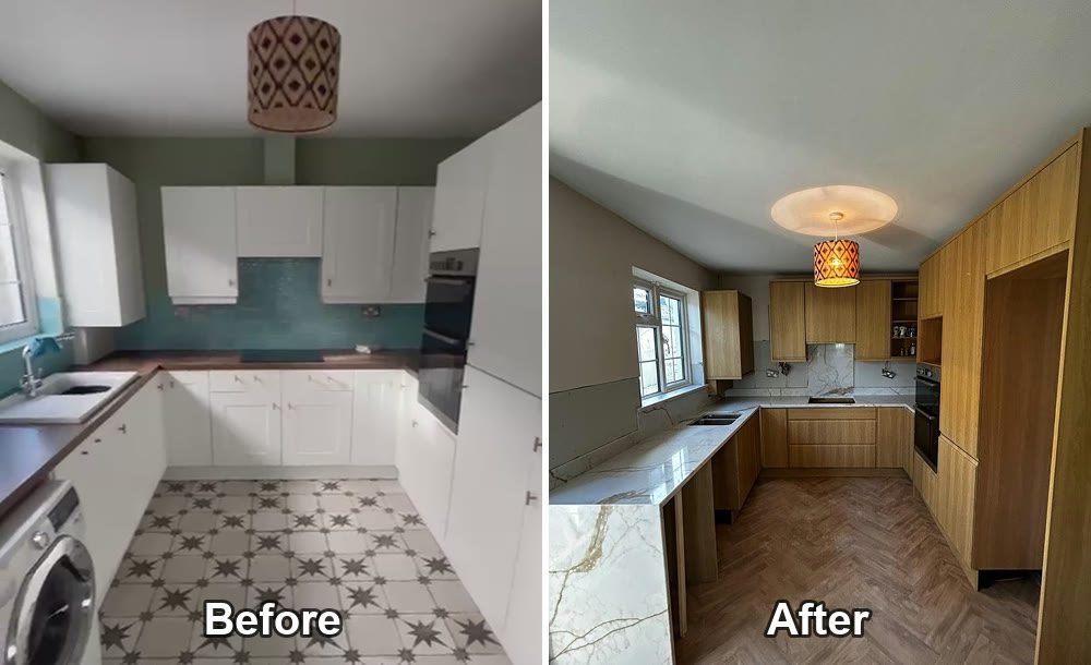 Clontarf kitchen before and after Before and after of a Clontarf kitchen: white doors, teal mosaic tiles and dark laminate replaced by oak-effect slab doors and veined quartz