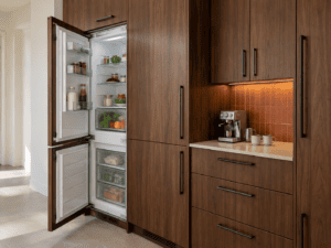 Open integrated fridge-freezer beside a coffee station in a modern walnut kitchen in Ireland.