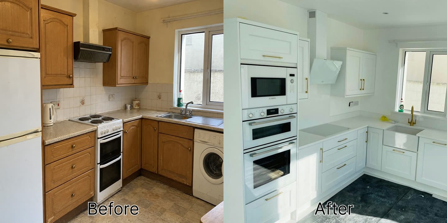 Before and after of a Terenure kitchen, from oak-effect units and a freestanding cooker to white shaker cabinets with a built-in oven tower